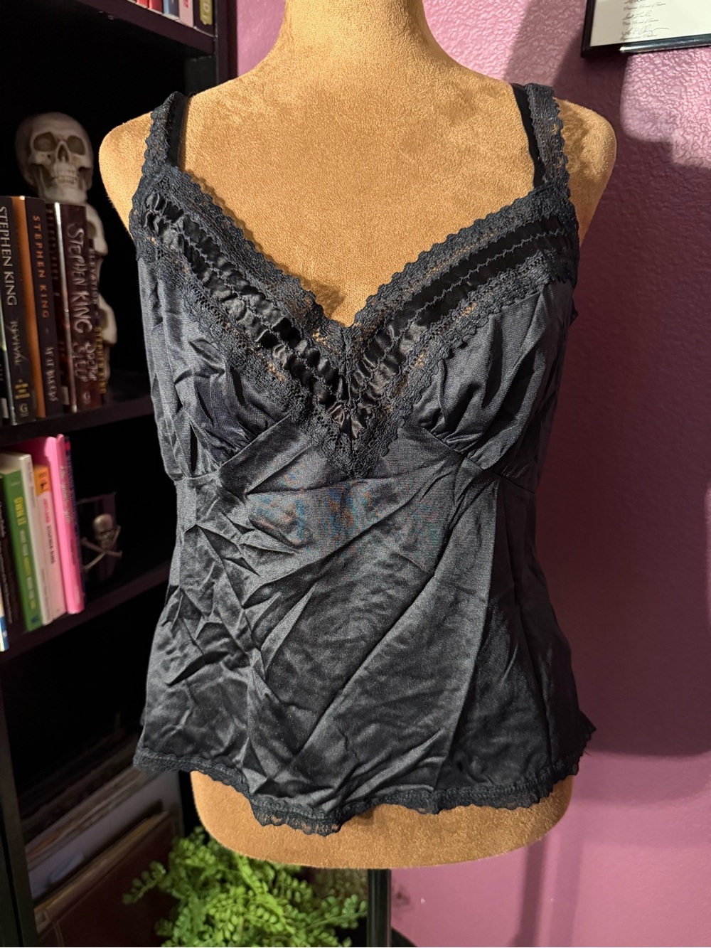 Vtg nylon black camisole with ribbon and lace